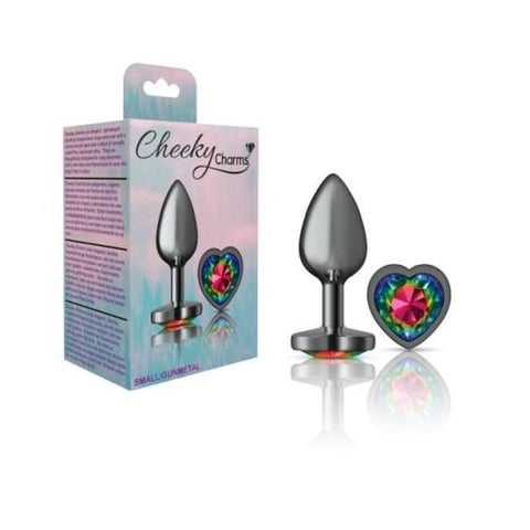 Cheeky Charms Gunmetal Butt Plug with Heart Rainbow Jewel Small > Anal Range > Jewel Butt Plugs