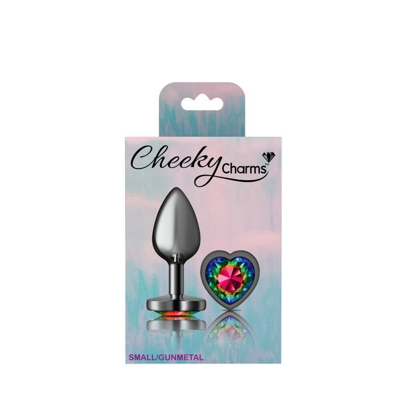 Cheeky Charms Gunmetal Butt Plug with Heart Rainbow Jewel Small > Anal Range > Jewel Butt Plugs