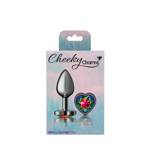 Cheeky Charms Gunmetal Butt Plug with Heart Rainbow Jewel Small > Anal Range > Jewel Butt Plugs