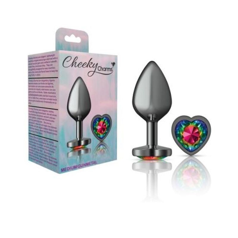 Cheeky Charms Gunmetal Medium Butt Plug with Heart Rainbow Jewel > Anal Range > Jewel Butt Plugs