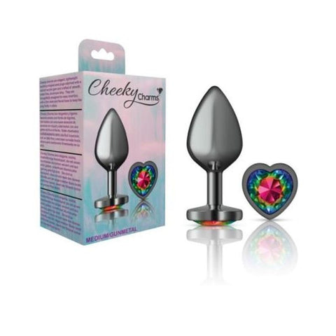 Cheeky Charms Gunmetal Medium Butt Plug with Heart Rainbow Jewel > Anal Range > Jewel Butt Plugs