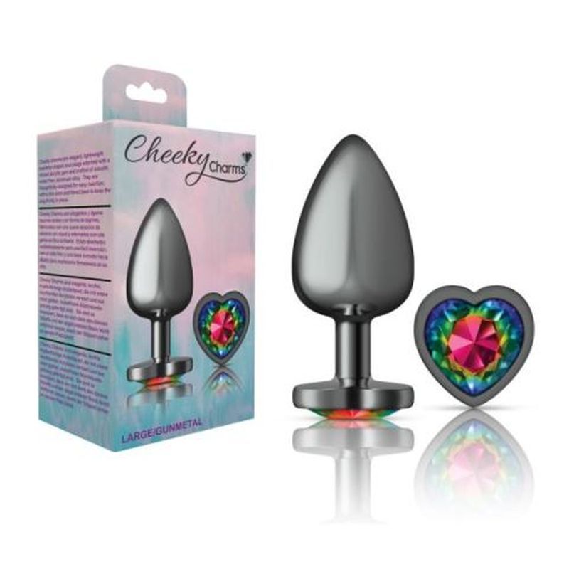Cheeky Charms Gunmetal Butt Plug with Heart Rainbow Jewel Large > Anal Range > Jewel Butt Plugs
