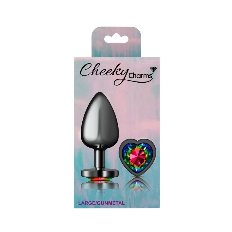 Cheeky Charms Gunmetal Butt Plug with Heart Rainbow Jewel Large > Anal Range > Jewel Butt Plugs