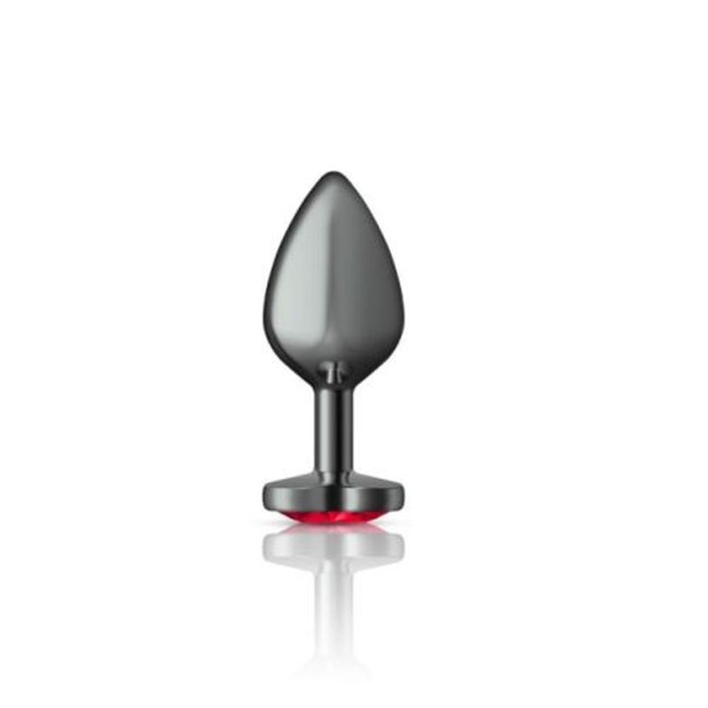 Cheeky Charms Gunmetal Butt Plug with Heart Red Jewel Medium Red > Anal Range > Jewel Butt Plugs