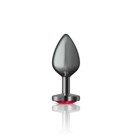 Cheeky Charms Gunmetal Butt Plug with Heart Red Jewel Medium Red > Anal Range > Jewel Butt Plugs