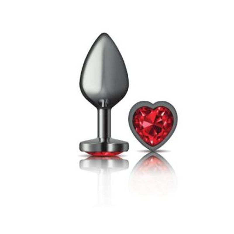Cheeky Charms Gunmetal Butt Plug with Heart Red Jewel Medium > Anal Range > Jewel Butt Plugs