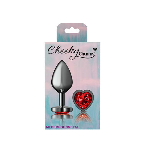 Cheeky Charms Gunmetal Butt Plug with Heart Red Jewel Medium > Anal Range > Jewel Butt Plugs