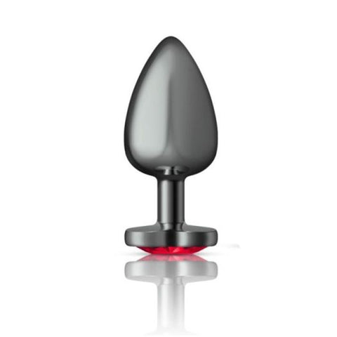 Cheeky Charms Gunmetal Butt Plug with Heart Red Jewel Large Red > Anal Range > Jewel Butt Plugs