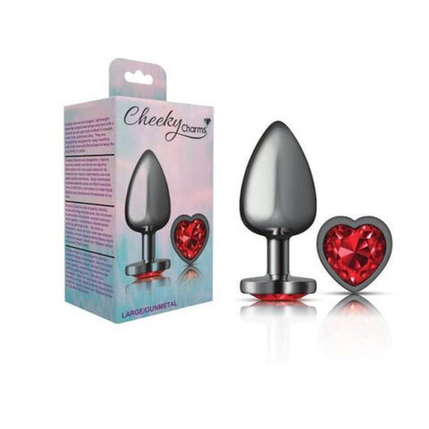 Cheeky Charms Gunmetal Butt Plug with Heart Red Jewel Large > Anal Range > Jewel Butt Plugs