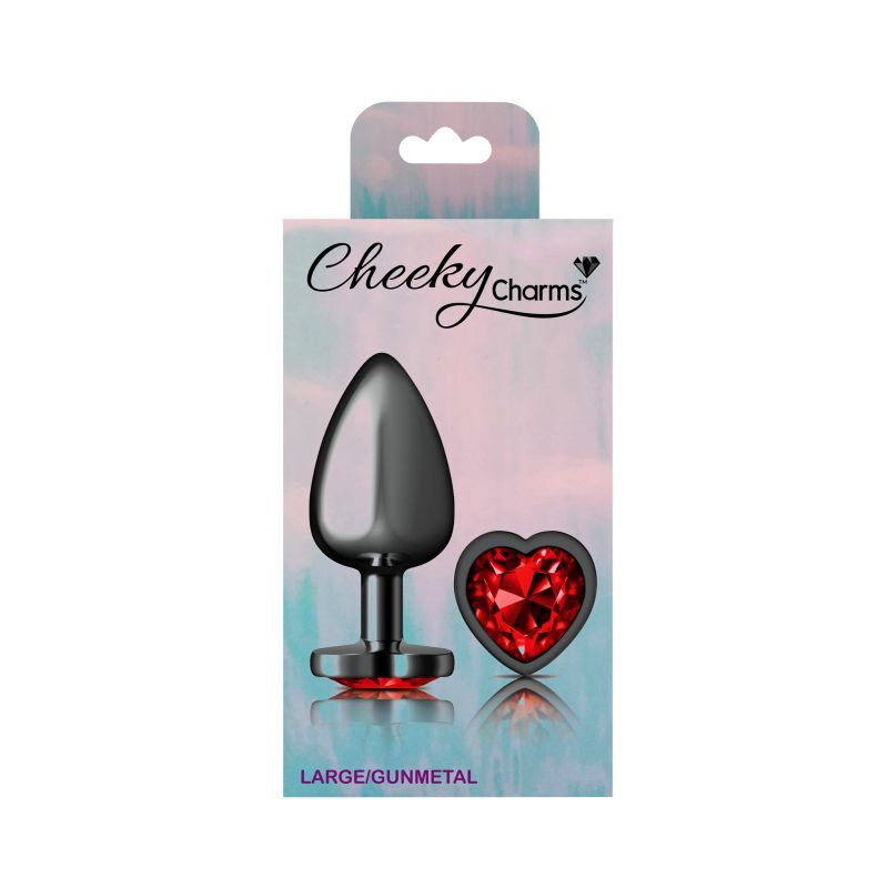 Cheeky Charms Gunmetal Butt Plug with Heart Red Jewel Large > Anal Range > Jewel Butt Plugs