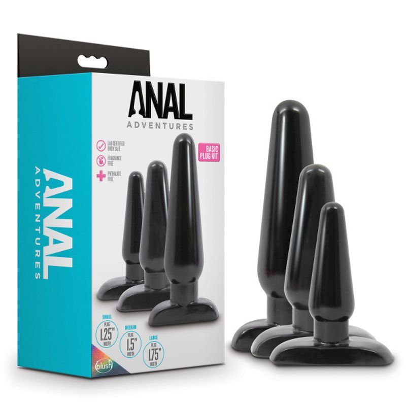 Anal Adventures 3 Pc Basic Plug Kit (Black) – Beginner 4 Inch and Medium > Anal Range > Butt Plug Kits Main image