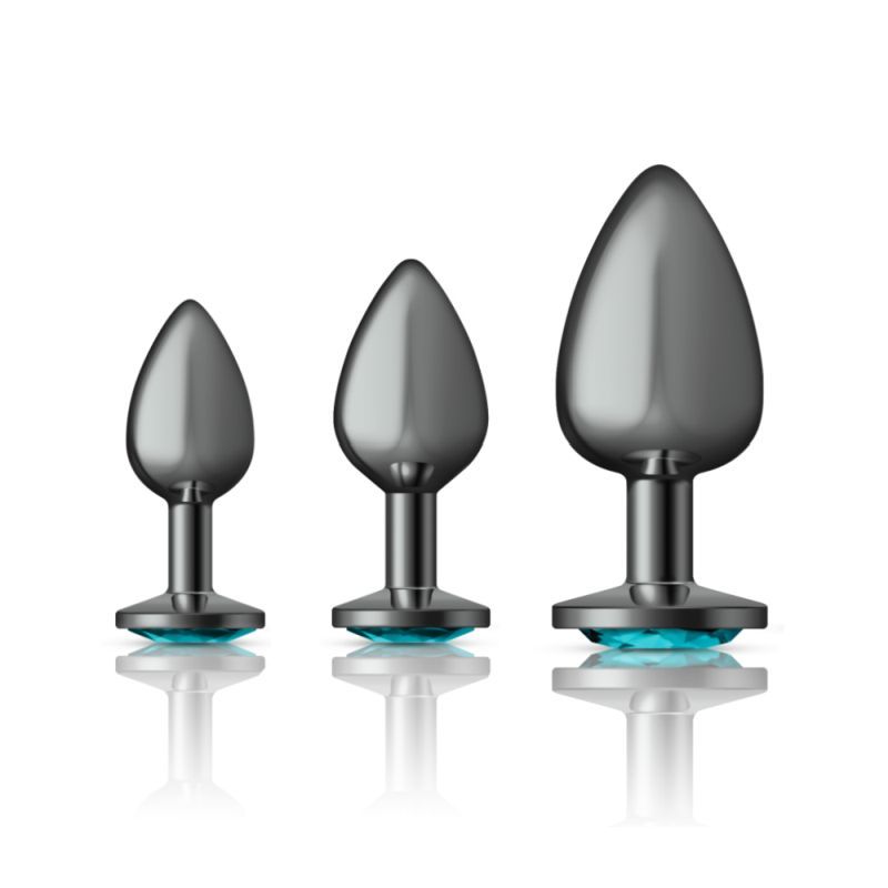 Cheeky Charms Round Metal Butt Plug Gunmetal Three Piece Kit with Teal Jewel Green > Anal Range > Butt Plug Kits