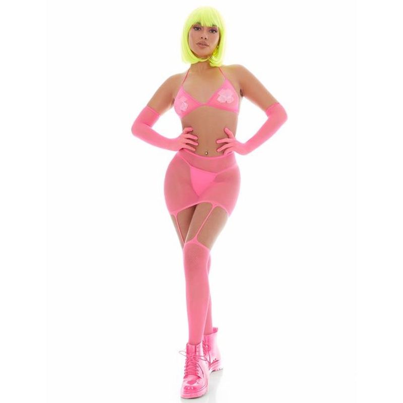 Pink Mesh Bling Ring Set with Pasties and Triangle Bikini Top Pink One Size Bodystocking