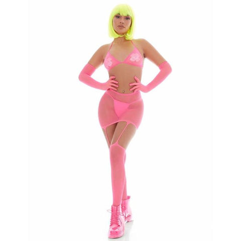 Pink Mesh Bling Ring Set with Pasties and Triangle Bikini Top Pink One Size Bodystocking