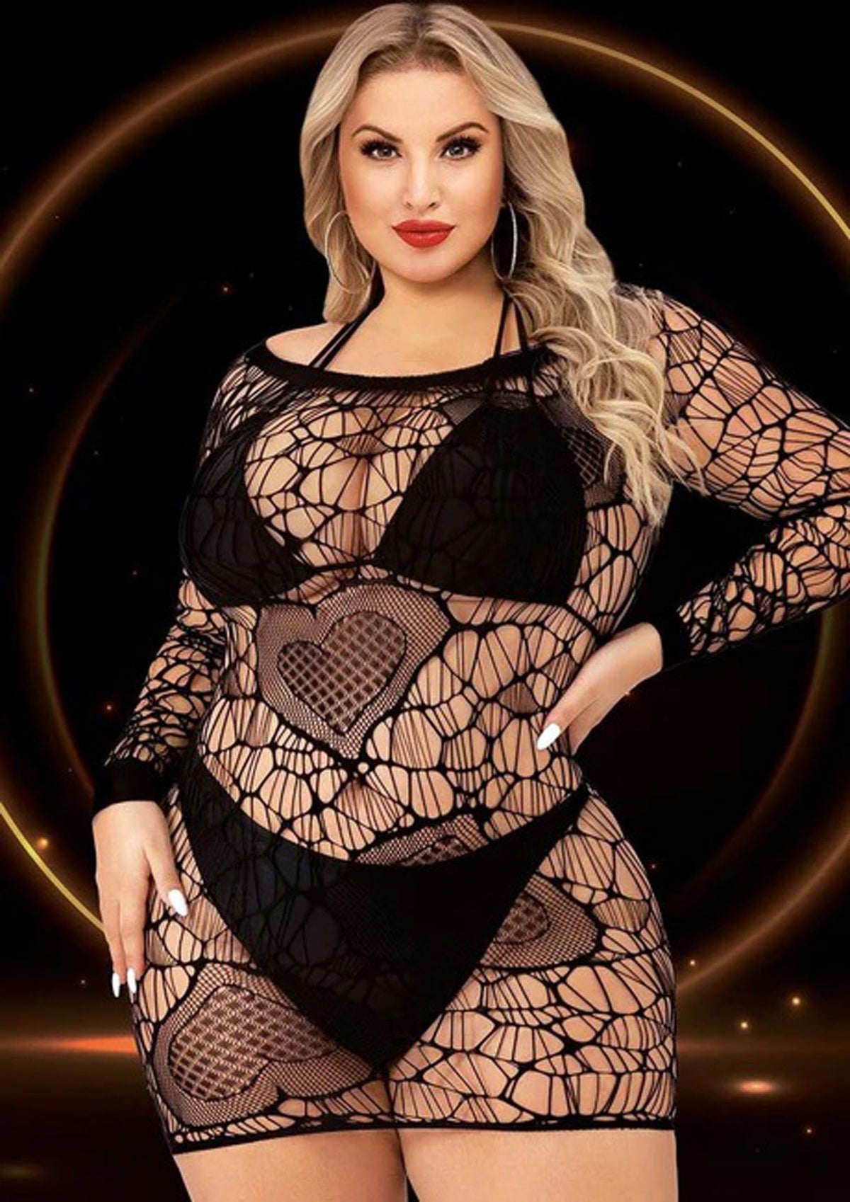 Black Long Sleeve Mini Dress Queen Size With Cutouts Black > Clothes > Dresses and Chemises