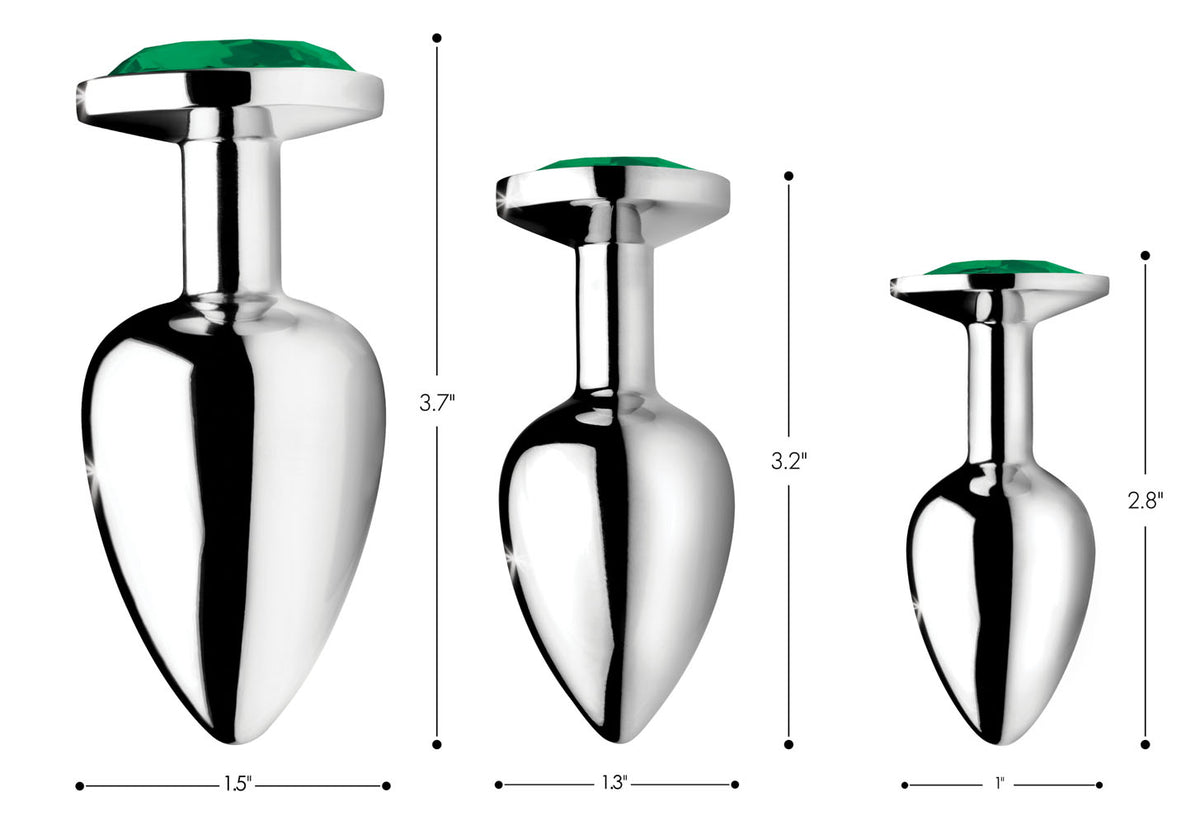 Emerald Gem Chrome Plated Steel Anal Plug Set – Small 2.6", Medium 3.2", Large 3.8" > Anal Range > Jewel Butt Plugs