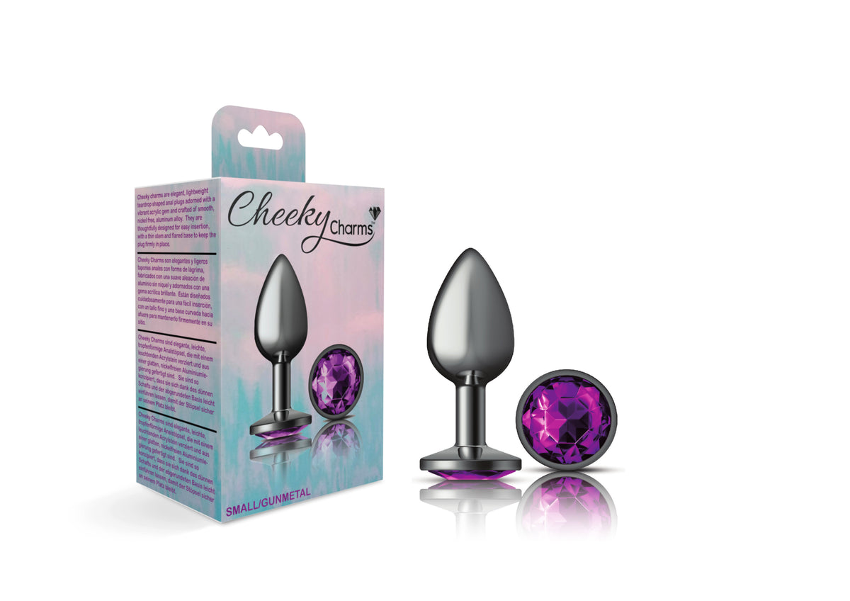 Cheeky Charms Gunmetal Round Butt Plug with Purple Jewel Small (6.78cm) > Anal Range > Jewel Butt Plugs