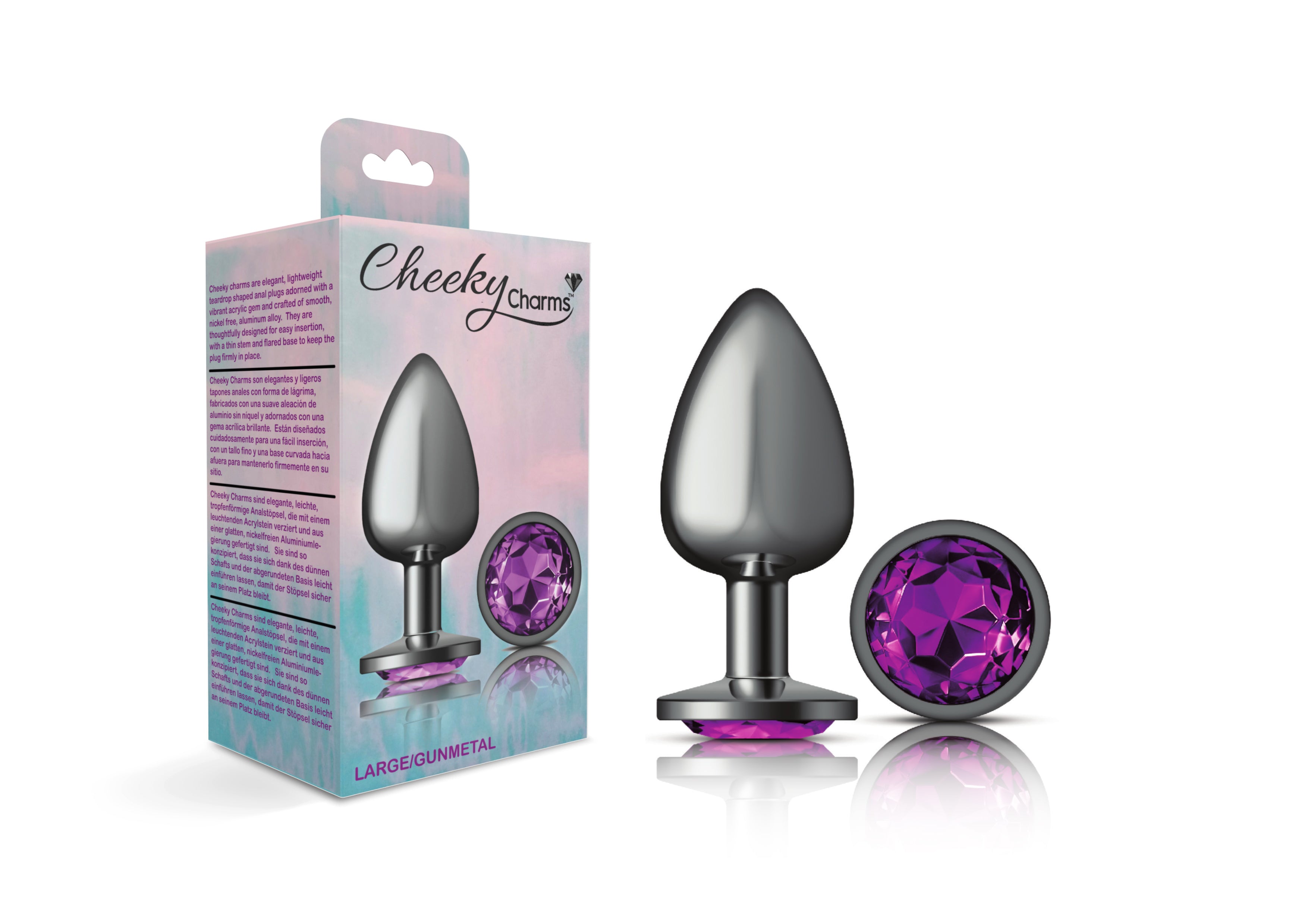Cheeky Charms Gunmetal Round Butt Plug with Purple Jewel Large > Anal Range > Jewel Butt Plugs