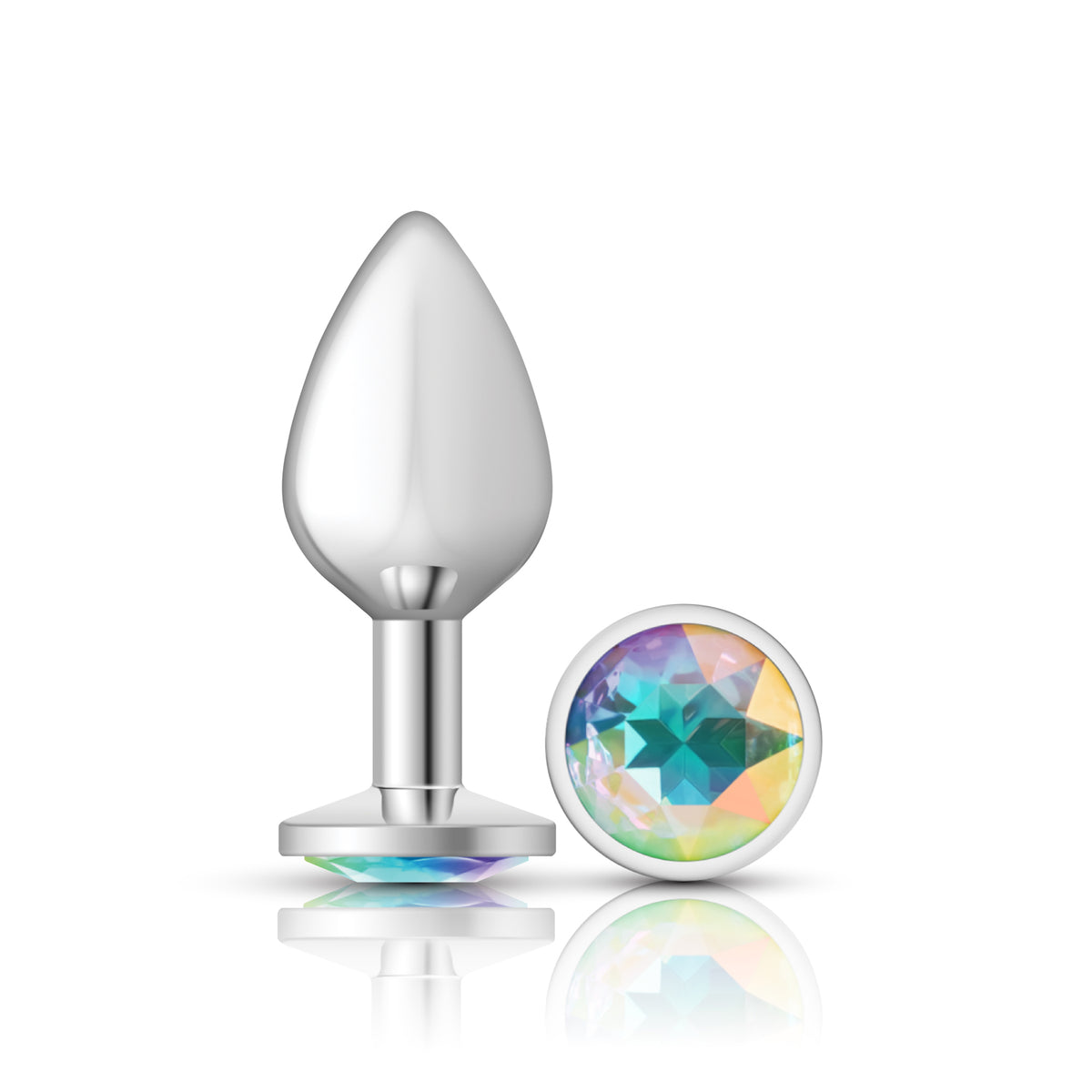 Cheeky Charms Silver Round Butt Plug with Clear Iridescent Jewel Medium (8.03cm) Clear Medium > Anal Range > Jewel Butt Plugs