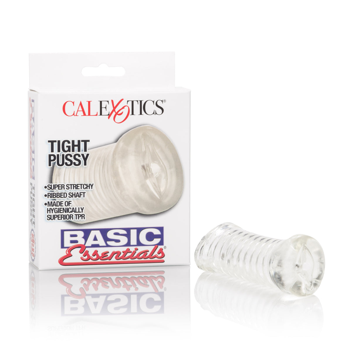 Basic Essentials Soft TPR Pussy Masturbator with Ribbed Shaft – Textured Male Masturbator Clear > Sex Toys For Men > Masturbators > Manual