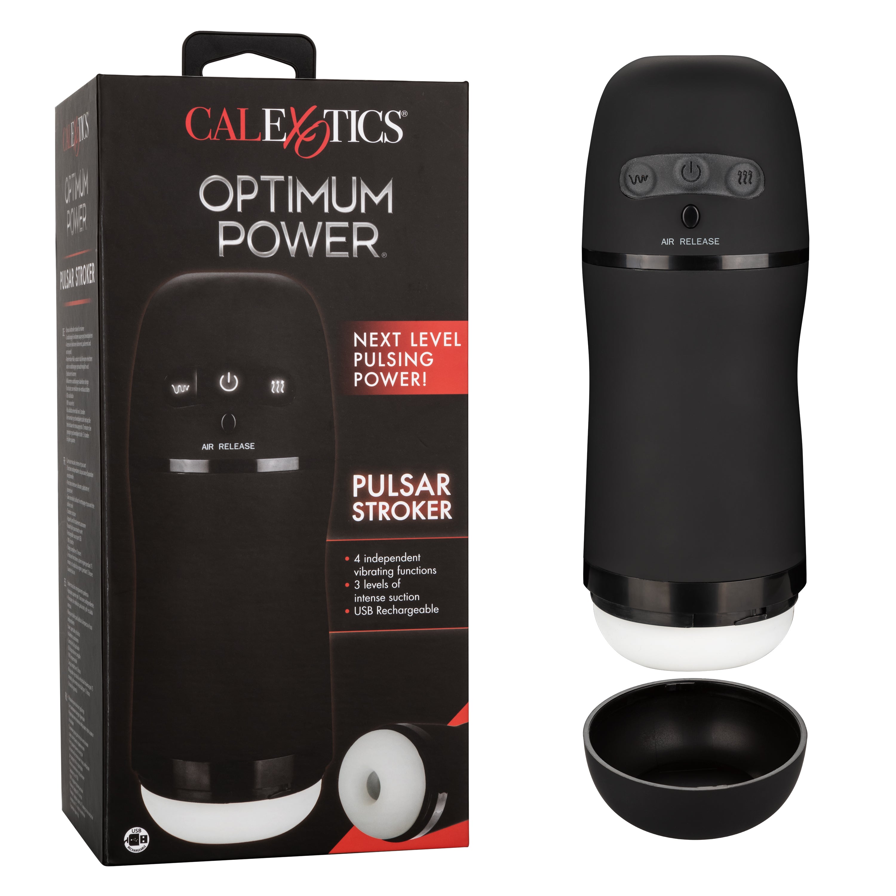 Optimum Power Pulsar Stroker Black Rechargeable Vibrating Masturbator with Suction and Textured Sleeve Strokers - Manual