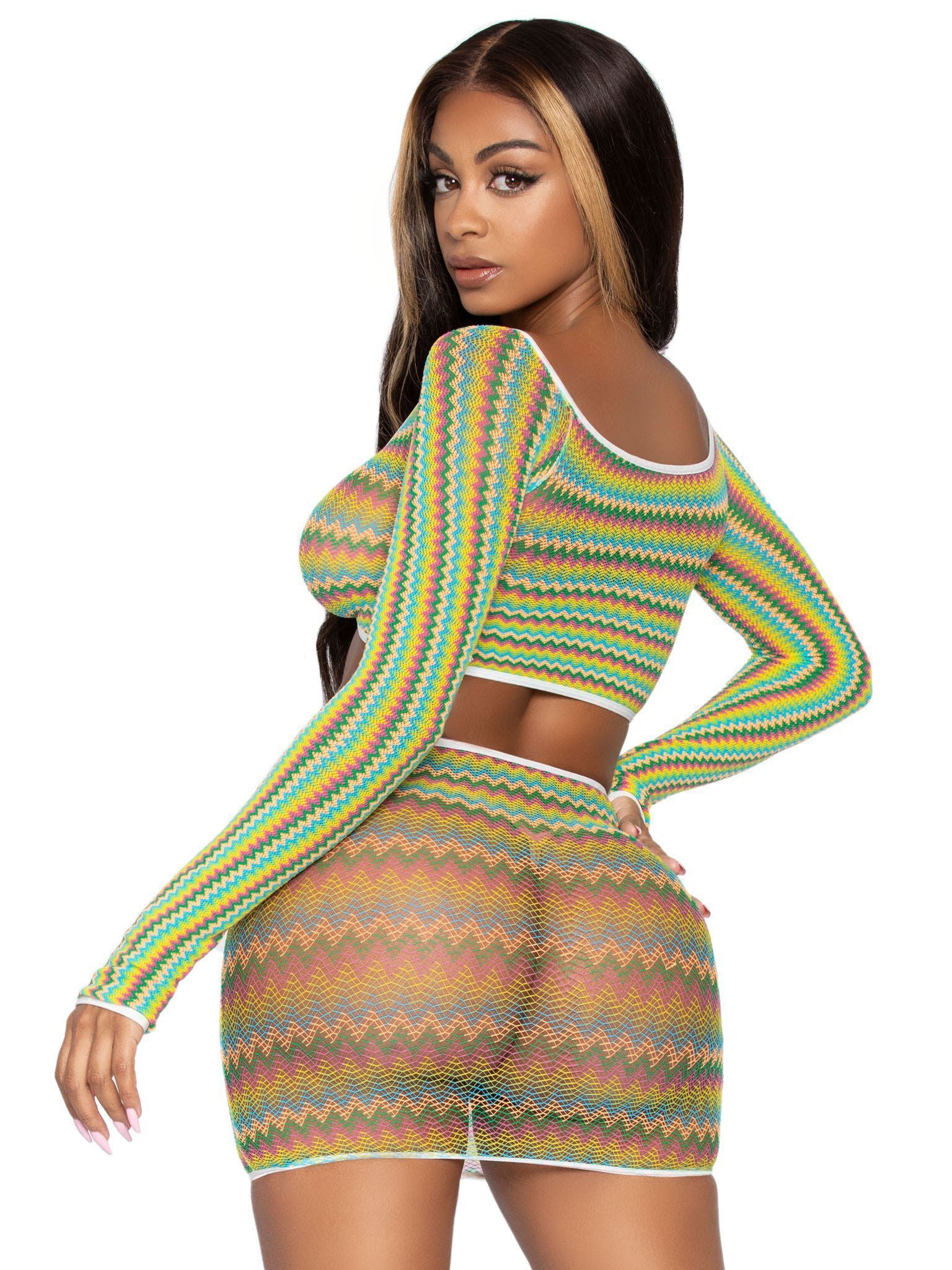 2 Pc Green Zig Zag Net Crop Top and Mini Dress Lingerie Set Secondary image