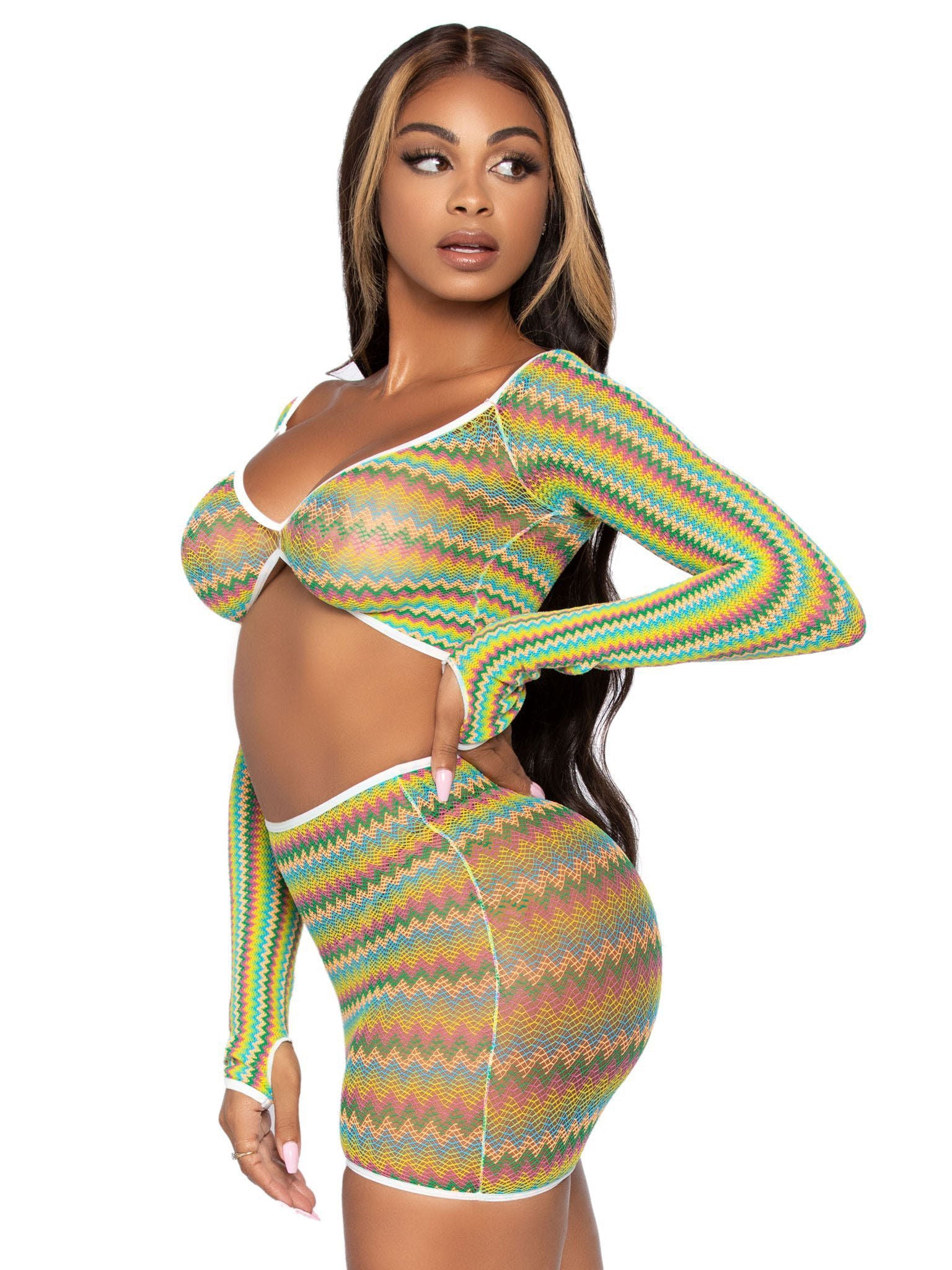 2 Pc Green Zig Zag Net Crop Top and Mini Dress Lingerie Set > Clothes > Dresses and Chemises Main image
