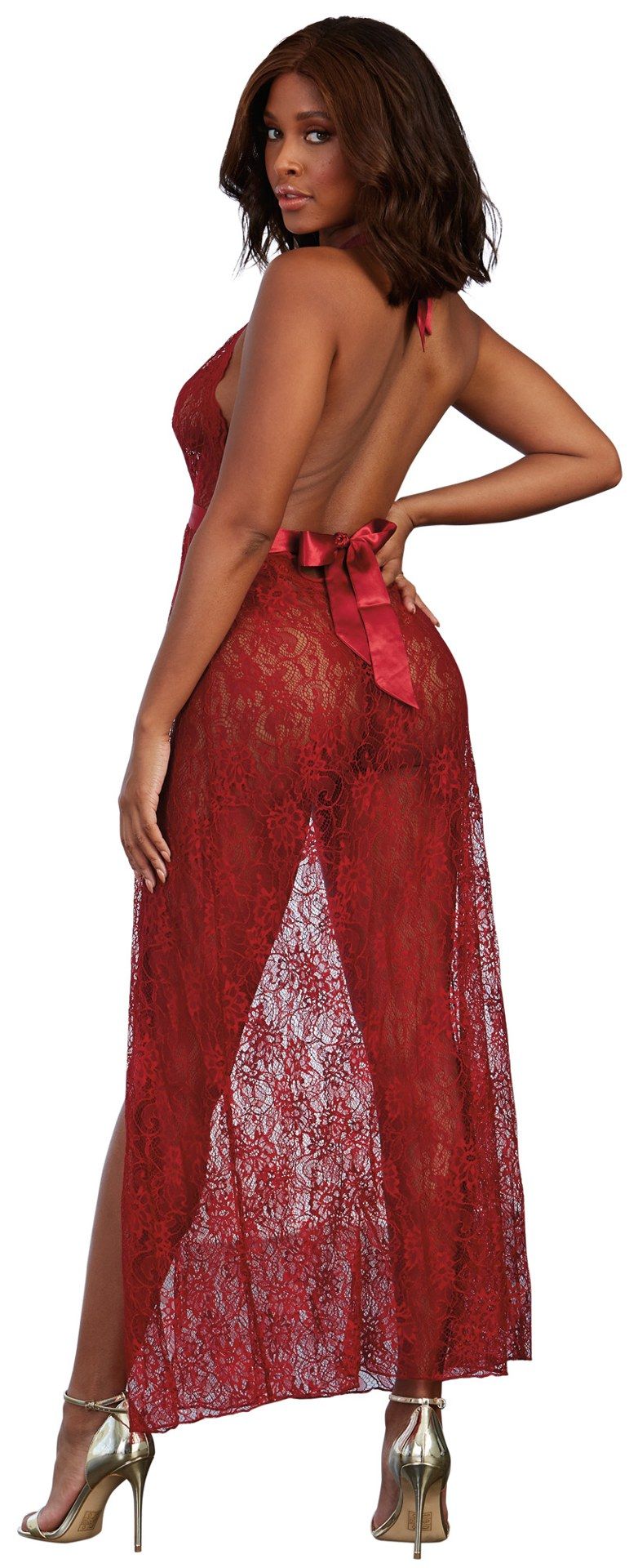 Garnet Lace Gown with Satin Tie Waist and Coordinating G-String (Small) – Delicate Long Lingerie Gown Set Red Small > Clothes > Dresses and Chemises