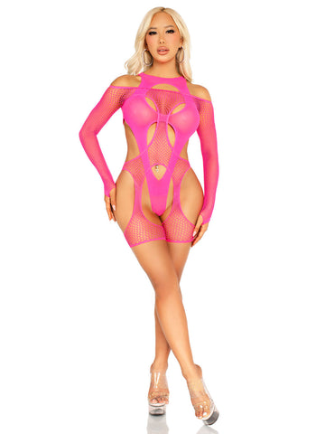 Neon Pink Fishnet Garter Harness and Cut-Out Teddy Lingerie Pink Teddies