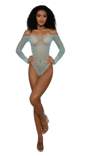 Rhinestone Off Shoulder Bodystocking – Nylon Spandex Bodystocking Blue One Size > Clothes > Bodies and Playsuits