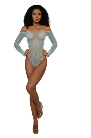 Rhinestone Off Shoulder Bodystocking – Nylon Spandex Bodystocking Blue One Size > Clothes > Bodies and Playsuits