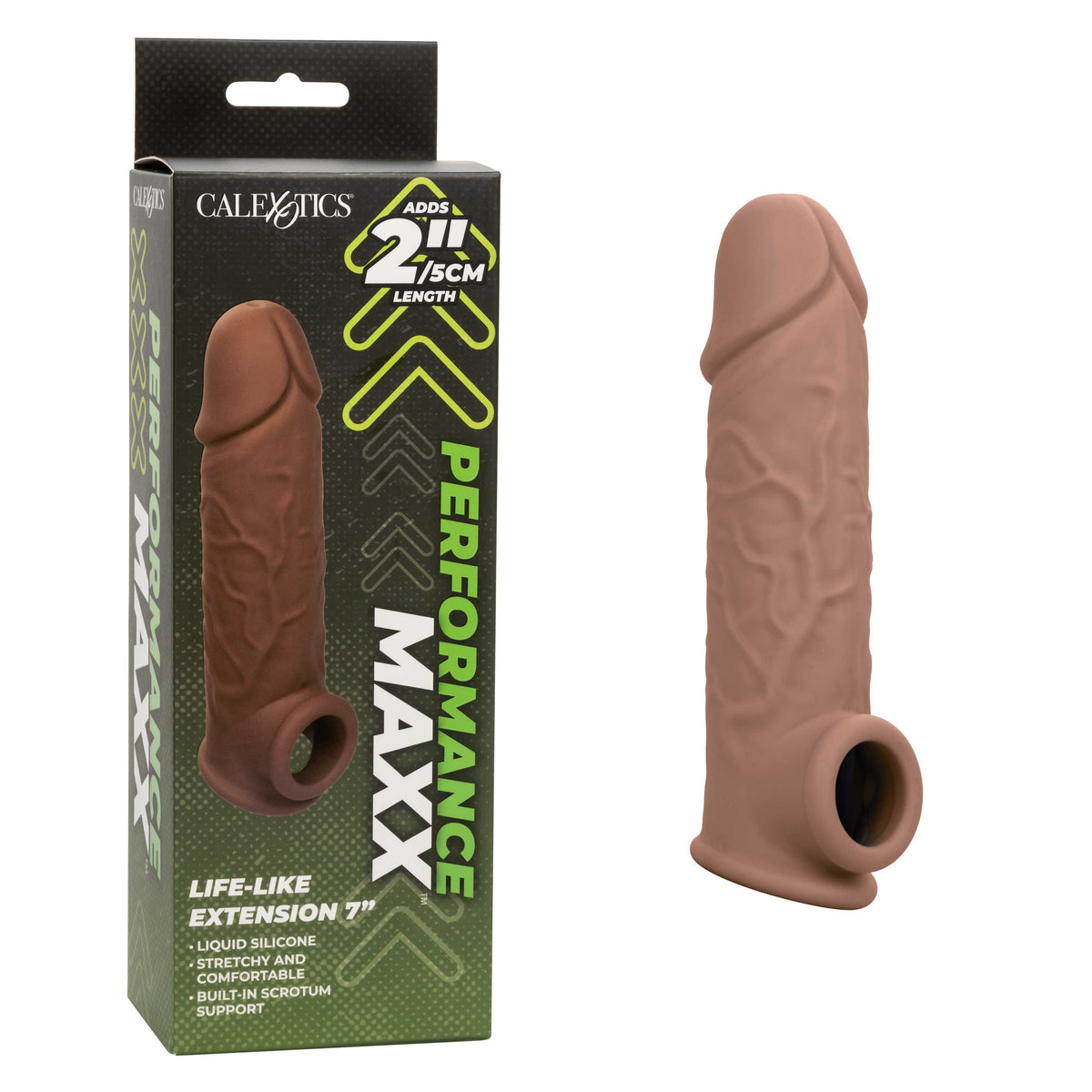 Performance Maxx Life-Like Extension 7 Inch Brown Stretchy Liquid Silicone Sleeve with Built-In Scrotum Strap > Sex Toys For Men > Penis Sleeves
