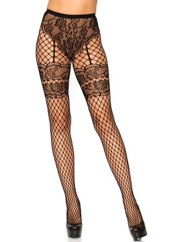 Lace French Cut Faux Garter Net Tights One Size Black Hosiery