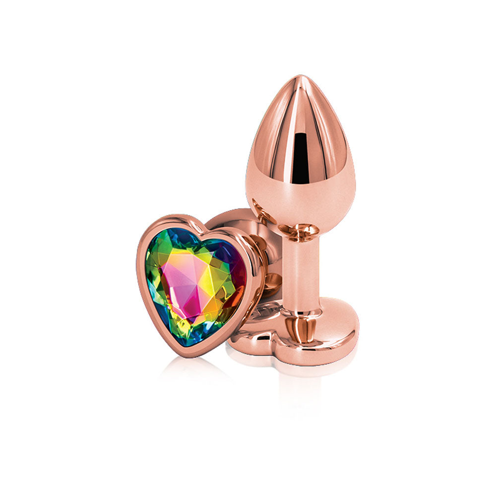 Rear Assets Rose Gold 2.76 Inch Small Metal Butt Plug with Rainbow Heart Gem Base – Lightweight Butt Plug > Anal Range > Jewel Butt Plugs
