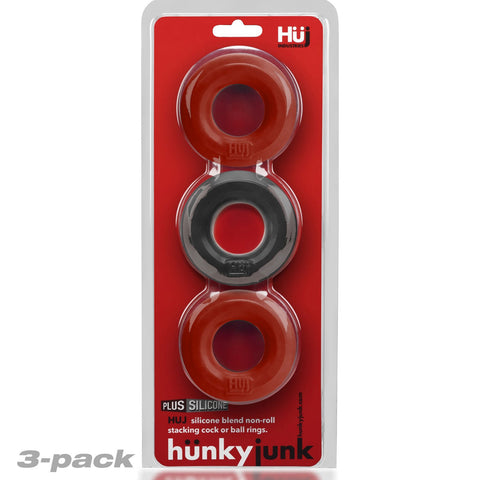 3 Piece Cock Rings by Hunky Junk in Red and Tar Ice Multi One Size COCK RING Set