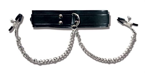 Vegan Leather Collar with Adjustable Nipple Clamps for Adults Black Nipple Clamps