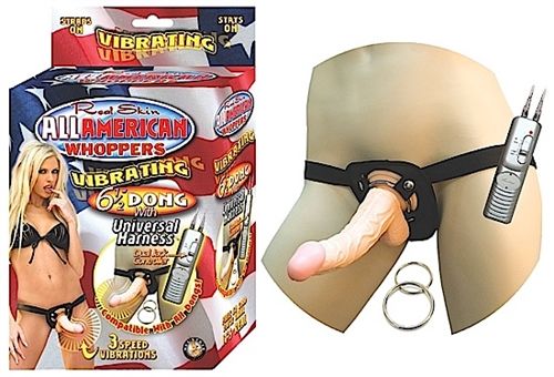 All American 6.5-Inch Vibrating Dong with Universal Harness Beige Harnesses & Strap-Ons