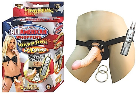 All American 6.5-Inch Vibrating Dong with Universal Harness Beige Harnesses & Strap-Ons