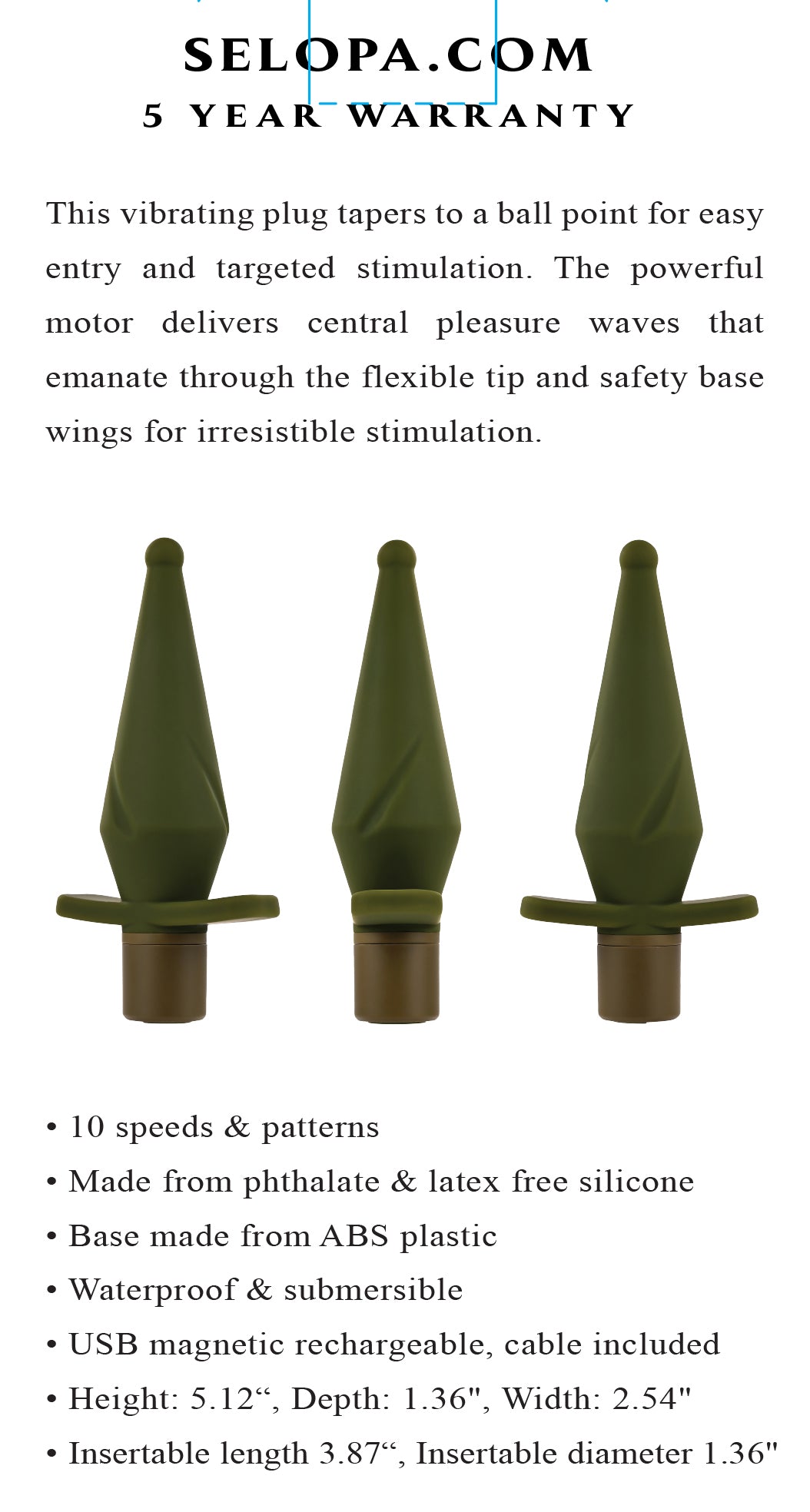 Selopa The Private Vibrating Plug 13cm x 3.5cm Green Green Butt Plugs - Vibrating