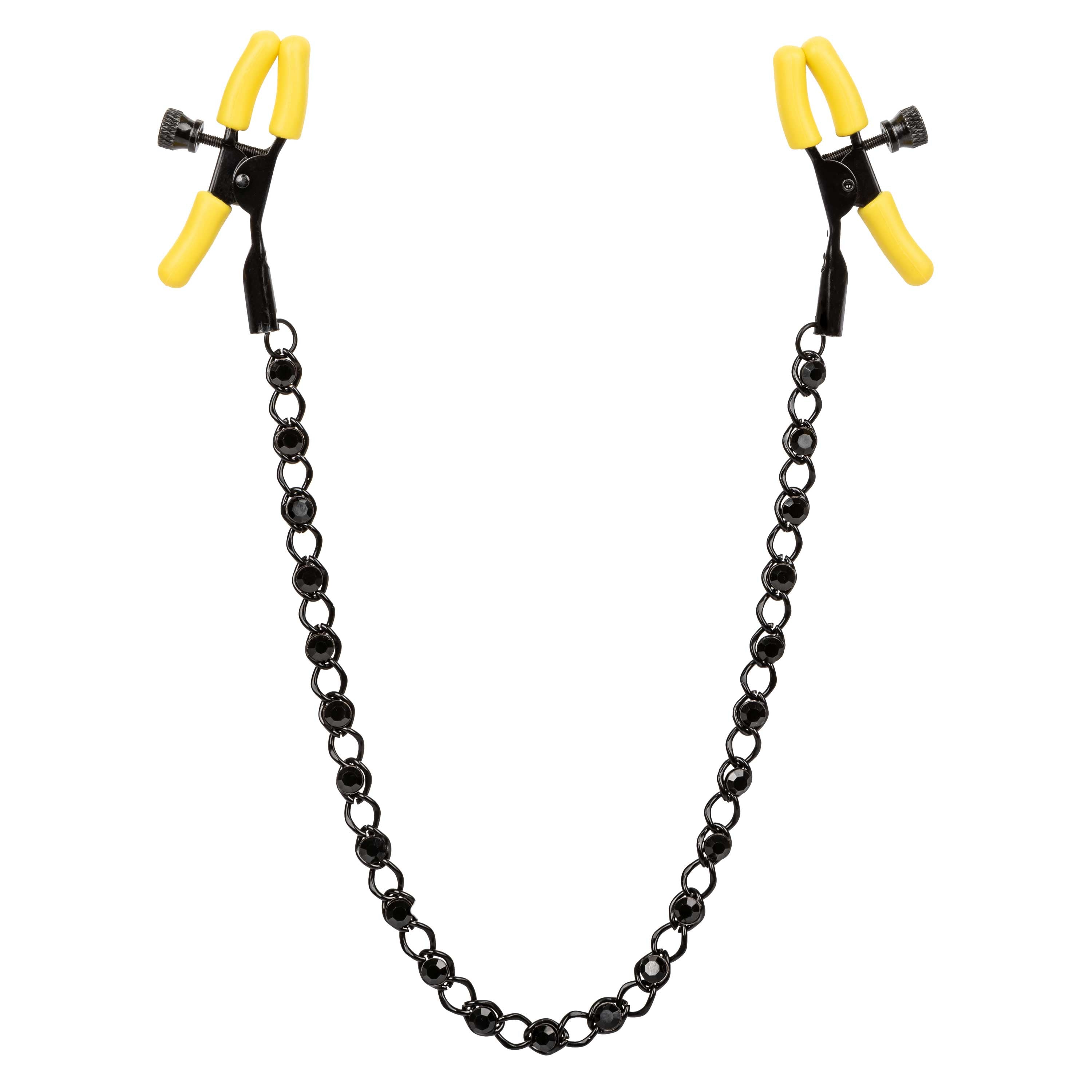 Boundless Nipple Teasers Adjustable Black Chain with Yellow Silicone Coated Clamps and Crystal Adornments Nipple Stimulators