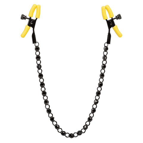 Boundless Nipple Teasers Adjustable Black Chain with Yellow Silicone Coated Clamps and Crystal Adornments Nipple Stimulators