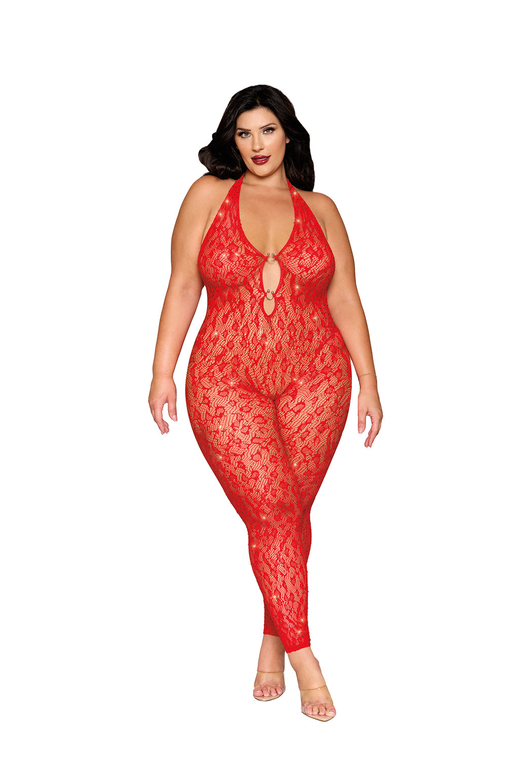 Dreamgirl Rhinestone Poinsettia Bodystocking Queen Size Lingerie Red Curvy Size > Clothes > Bodies and Playsuits