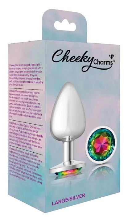 Cheeky Charms Silver Round Butt Plug with Rainbow Jewel Large > Anal Range > Jewel Butt Plugs