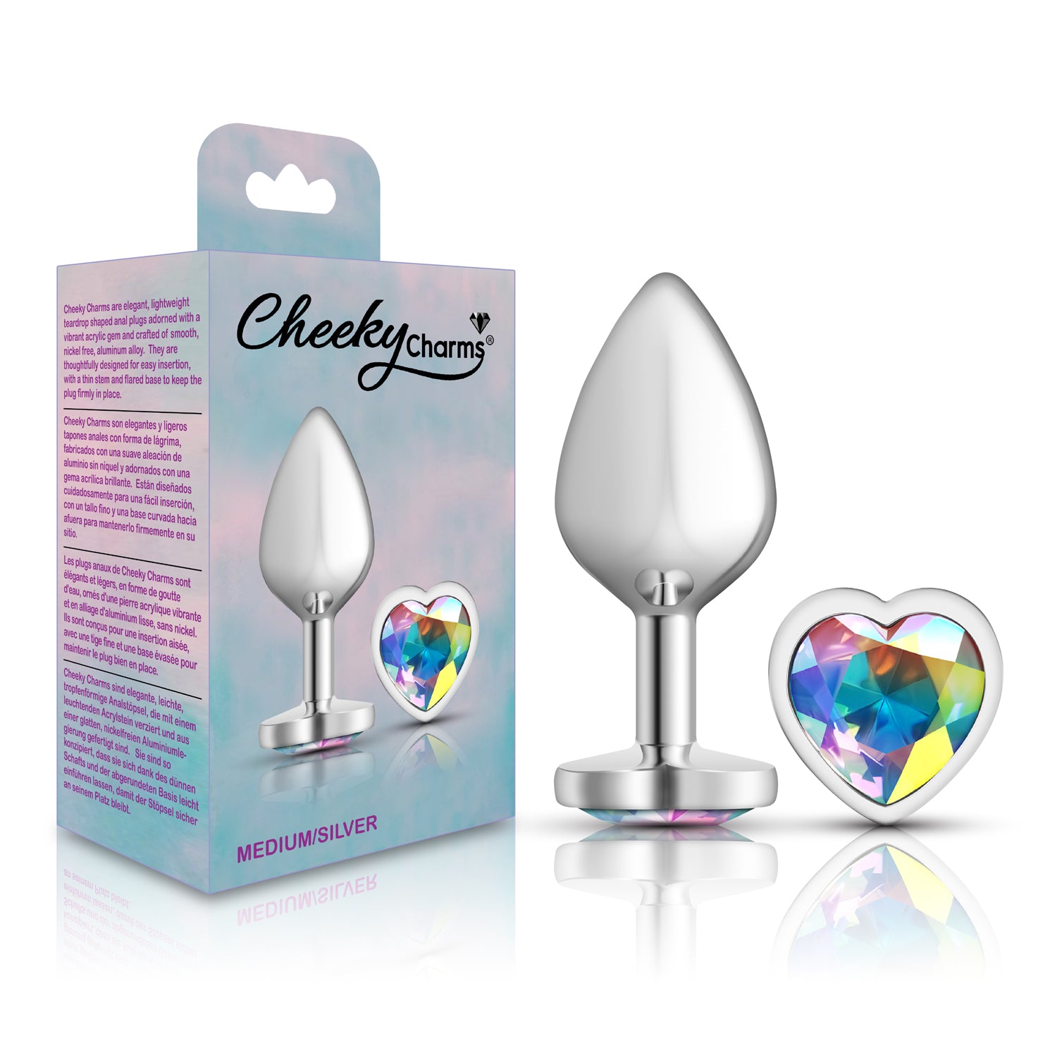 Cheeky Charms Silver Metal Butt Plug with Heart Clear Jewel Medium > Anal Range > Jewel Butt Plugs