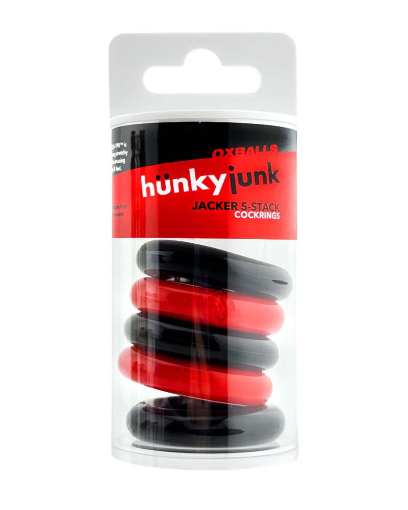 Jacker 5-Stack Five-Pack Tube Super-Strong Cockrings Red Black > Cock Ring > Sets