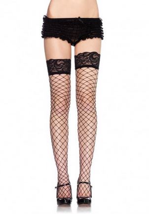 Leg Avenue Black Lace Top Fishnet Thigh High Stockings One Size Black Hosiery