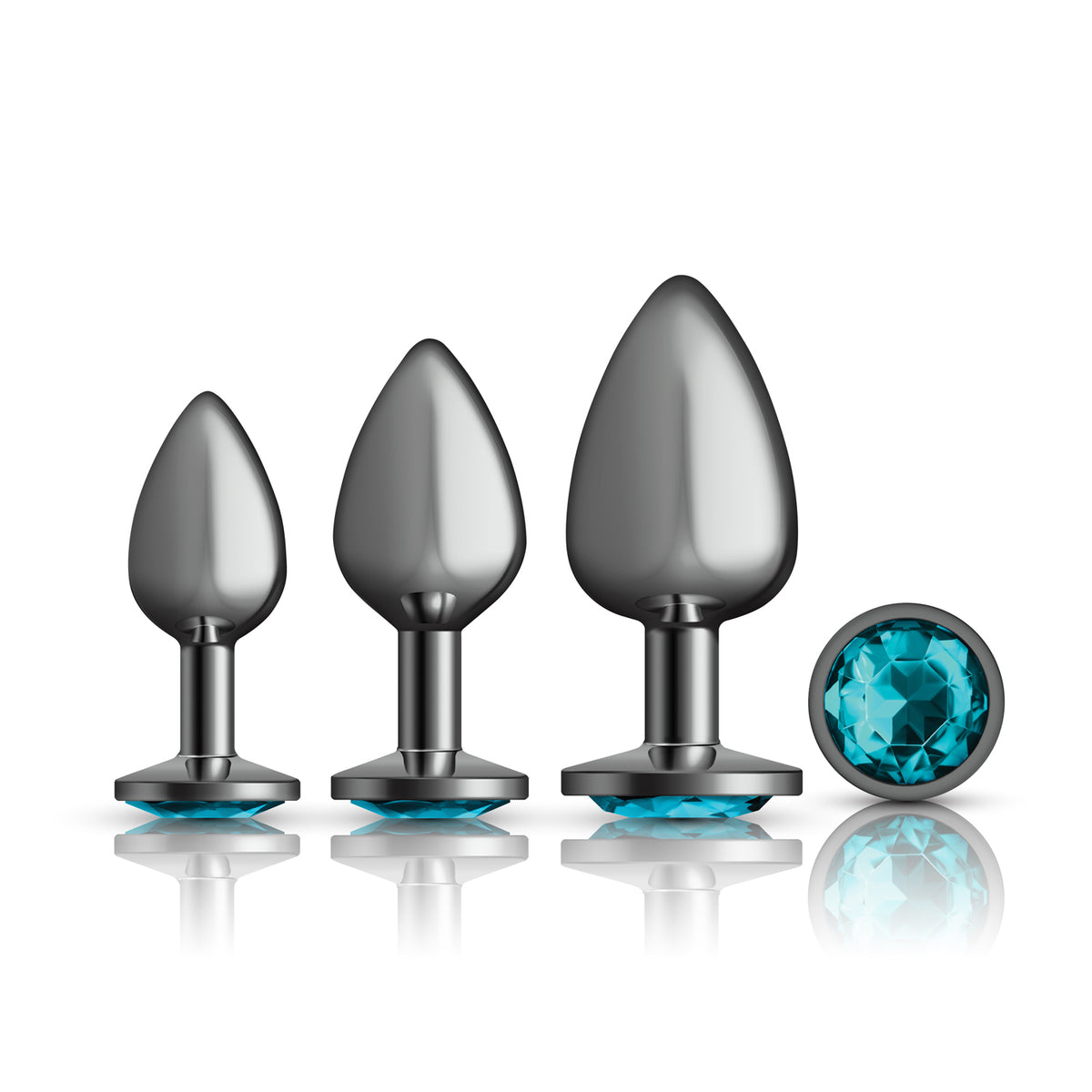 Cheeky Charms Round Metal Butt Plug Gunmetal Three Piece Kit with Teal Jewel Green > Anal Range > Butt Plug Kits Main image