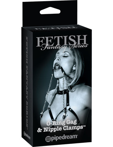 Fetish Fantasy O-Ring Gag and Nipple Clamps Set in Black Womens Harnesses