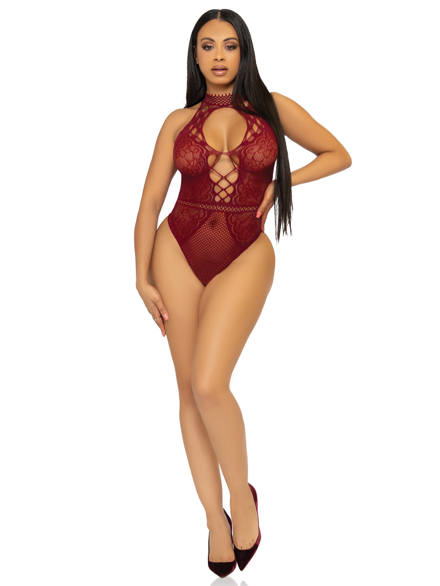 Net and Lace Keyhole Halter Bodysuit (Burgundy) – One Size Lingerie > Clothes > Bodies and Playsuits Main image