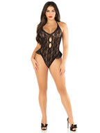 Black Floral Lace Halter Bodysuit with Mini Bow and Flutter Black One Size > Clothes > Bodies and Playsuits